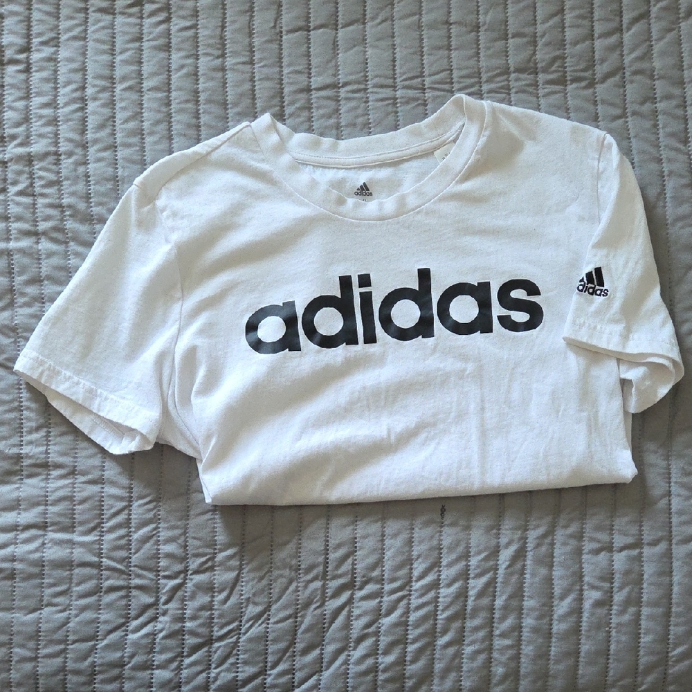 adidas White Tee with Black Logo - Kids Short Sleeve